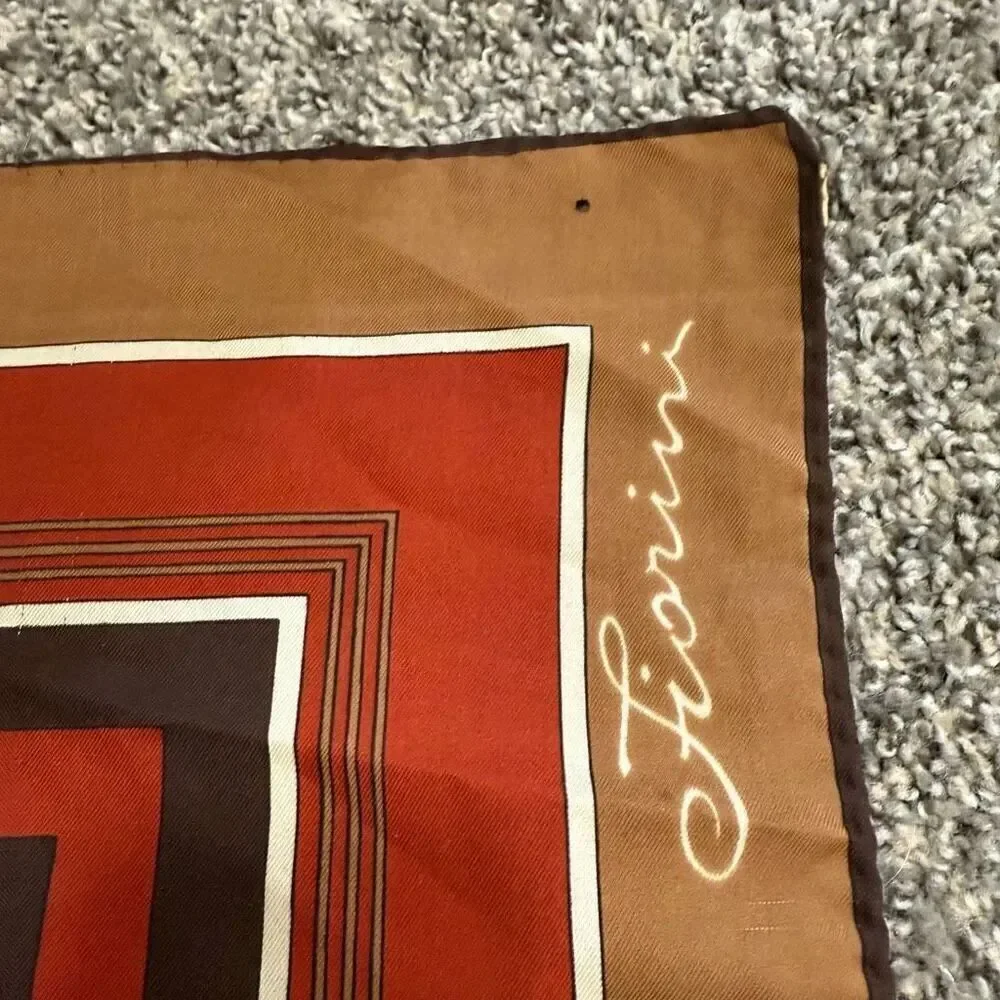 Vintage VTG Fiorini 1970s Brown Orange Tan Geometric Square Scarf